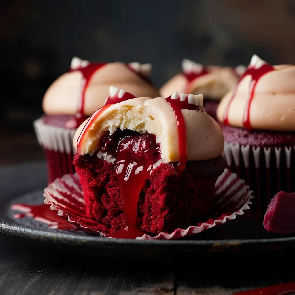 Vampire bite Halloween cupcake. Red frosting, fang marks.