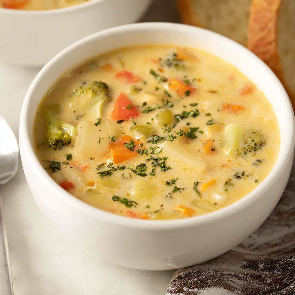 Creamy vegetable soup in a white bowl. Healthy, homemade comfort food.