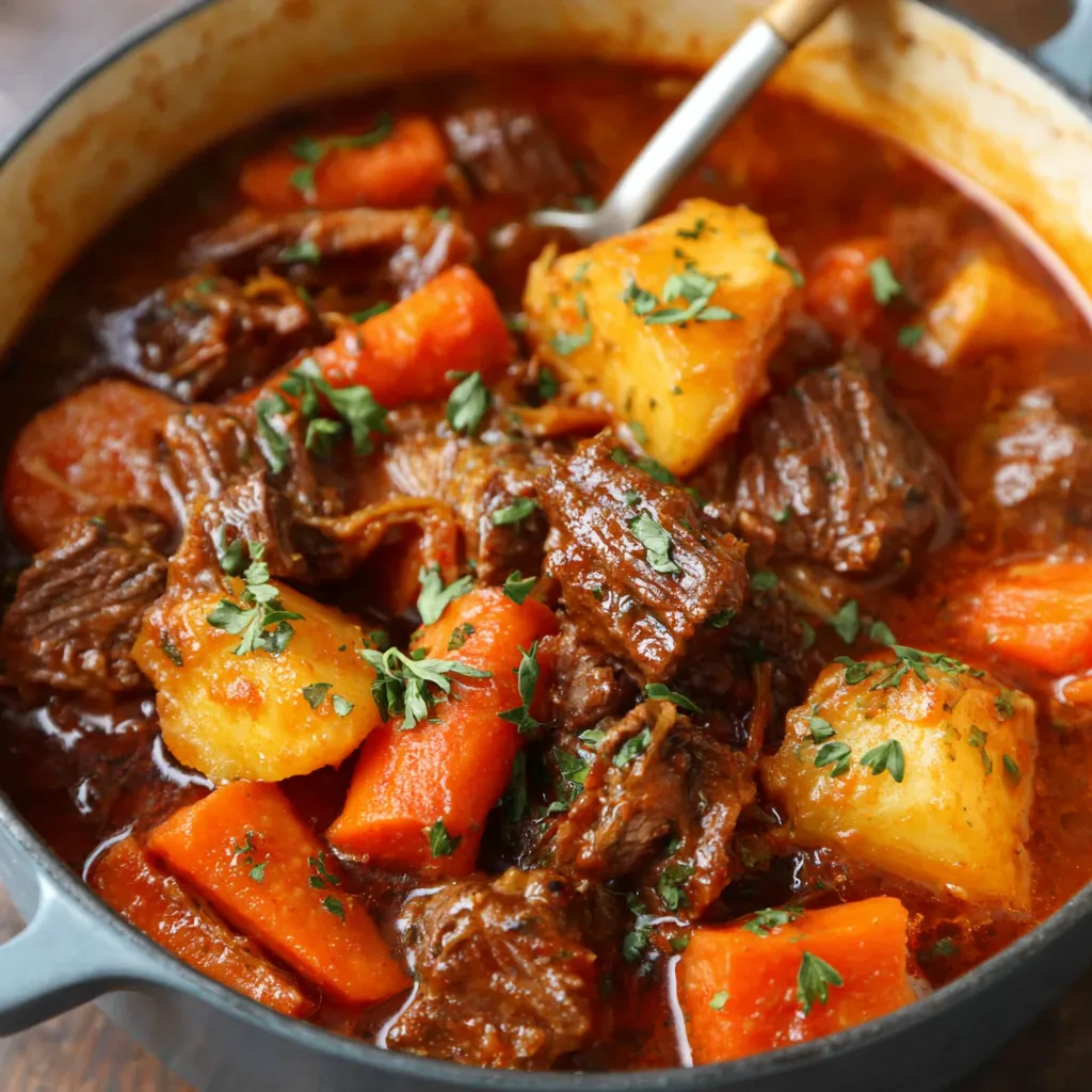 Witch's Cauldron Beef Stew simmering in a black Dutch oven.