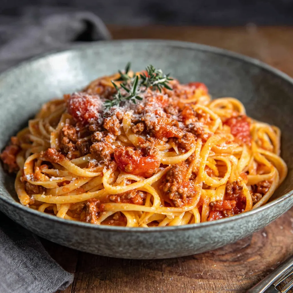 Classic Italian Pasta Bolognese: Rich meat sauce over tagliatelle.