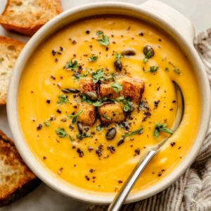 Creamy roasted butternut squash soup in a bowl. Perfect fall recipe!