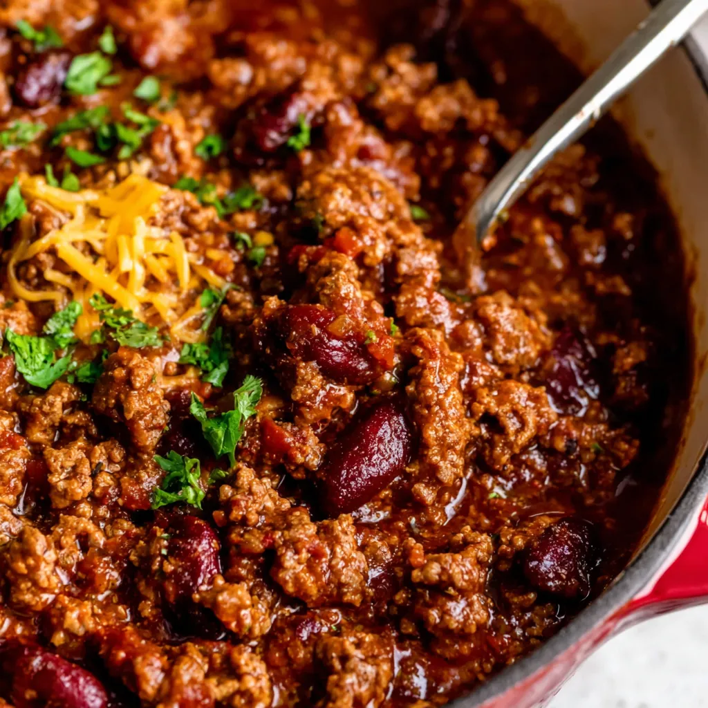 Close-up of hearty, homemade chili in a bowl. Best chili recipe.