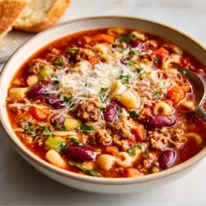 Olive Garden Pasta e Fagioli soup close-up. Hearty pasta and bean soup.
