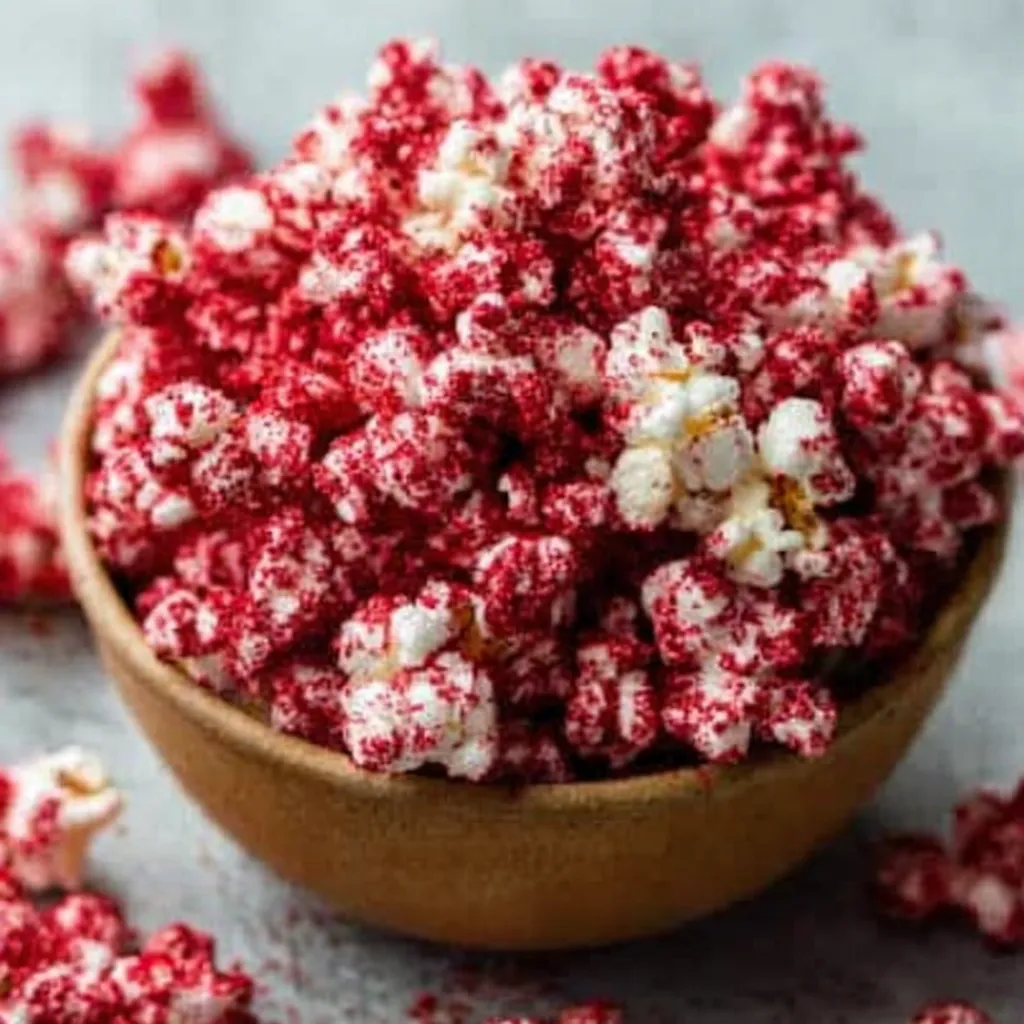 Bloody red velvet popcorn, a spooky sweet Halloween treat.
