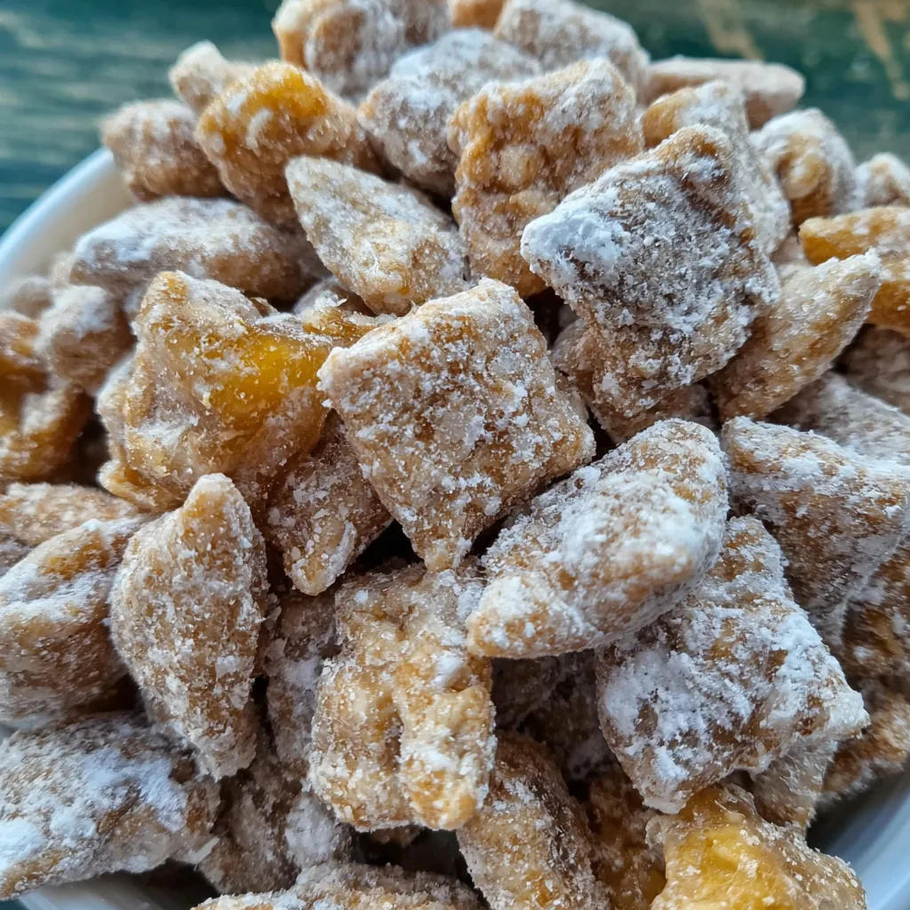 Caramel apple puppy chow snack mix. Chex cereal with caramel, apple, and powdered sugar.