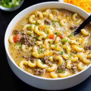 One-pot macaroni cheeseburger soup in a pot, ready to eat.
