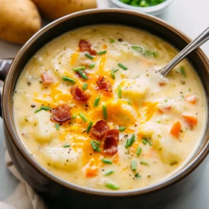 Creamy crockpot potato soup in a white bowl. Easy slow cooker recipe.