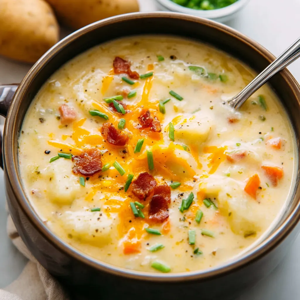 Creamy crockpot potato soup in a white bowl. Easy slow cooker recipe.