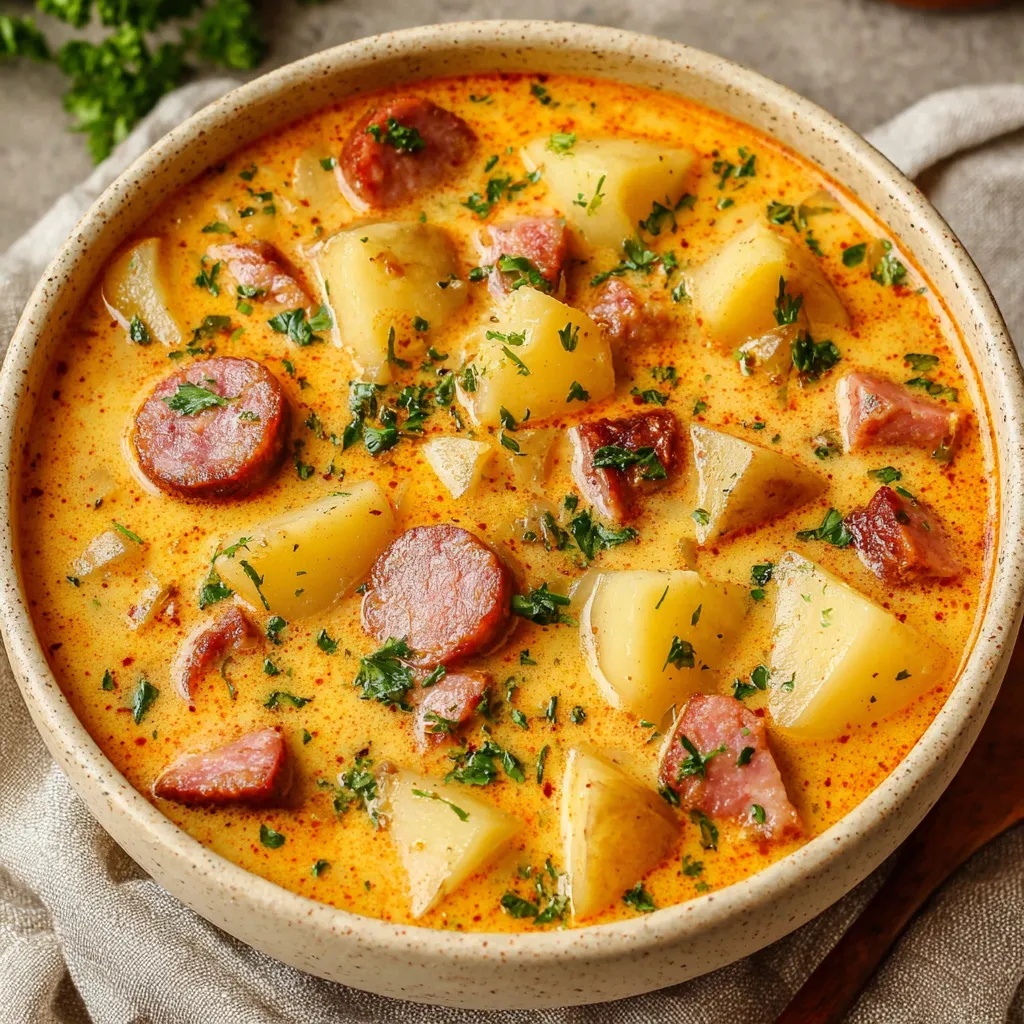 Creamy Cajun potato soup in a bowl. Spicy, comforting homemade soup.