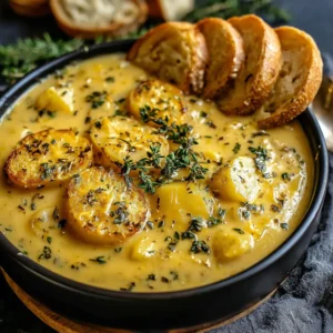 Hearty cheddar garlic herb potato soup in a bowl. Creamy and delicious comfort food.