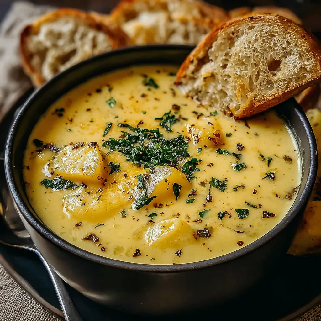 Creamy cheddar garlic herb potato soup in a bowl. Delicious comfort food.