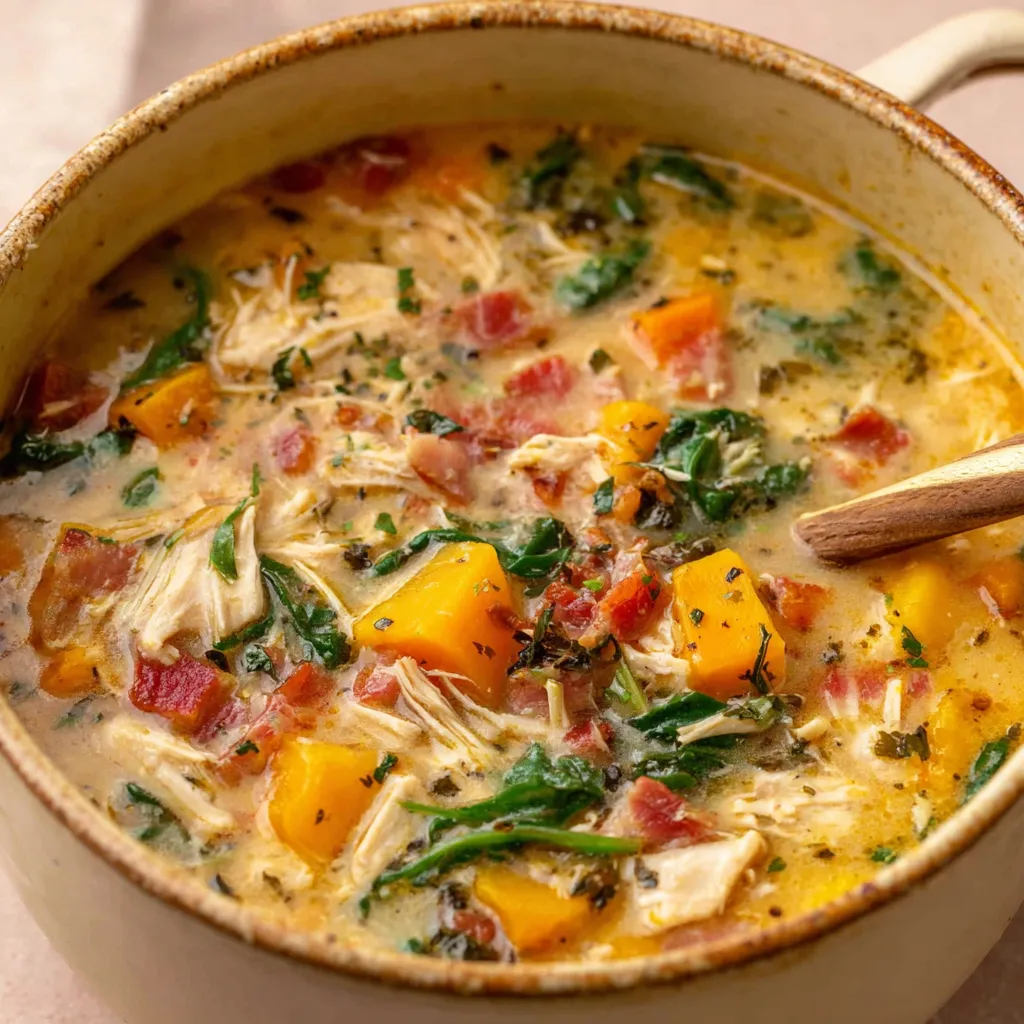 Creamy chicken butternut squash soup in a bowl. Fall comfort food!