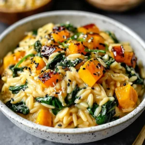 Creamy orzo pasta with roasted butternut squash, spinach, and Parmesan cheese.