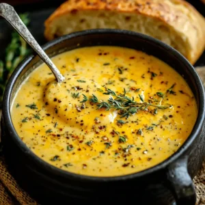 Hearty cheddar garlic herb potato soup in bowl. Creamy soup recipe.