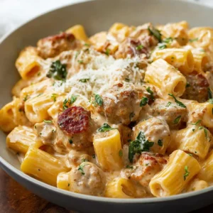 Creamy sausage pasta dish. Italian sausage, pasta, and creamy sauce.