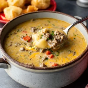 Crock Pot Cheeseburger Soup in bowl. Easy slow cooker recipe.
