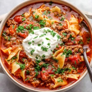 Crockpot lasagna soup in a bowl, ready to eat. Easy slow cooker recipe.