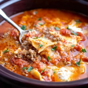 Crockpot lasagna soup in a bowl. Hearty & easy slow cooker meal.