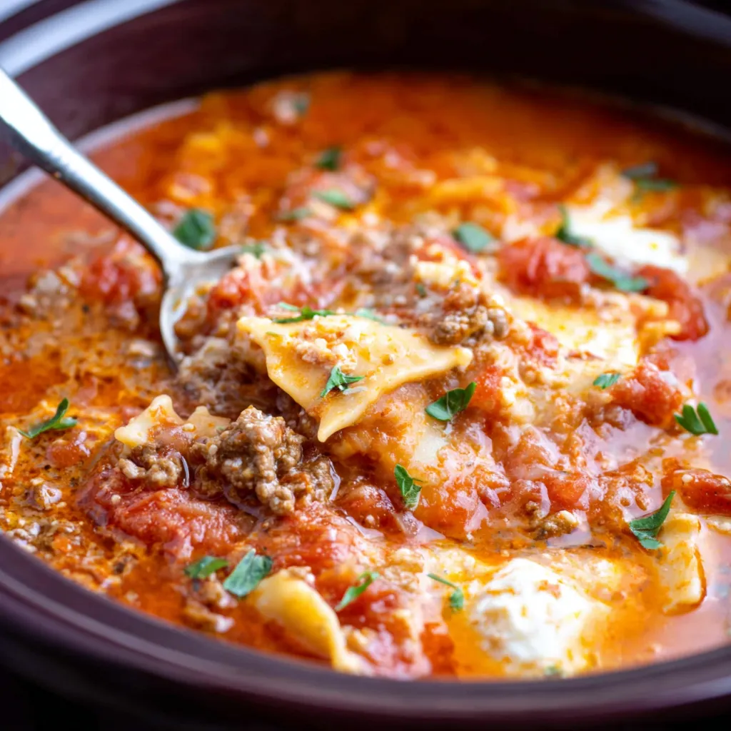 Crockpot lasagna soup in a bowl. Hearty & easy slow cooker meal.