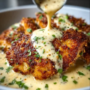 Crispy parmesan chicken in garlic cream sauce.