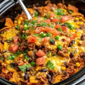 Crockpot taco casserole in dish. Easy slow cooker taco bake recipe.