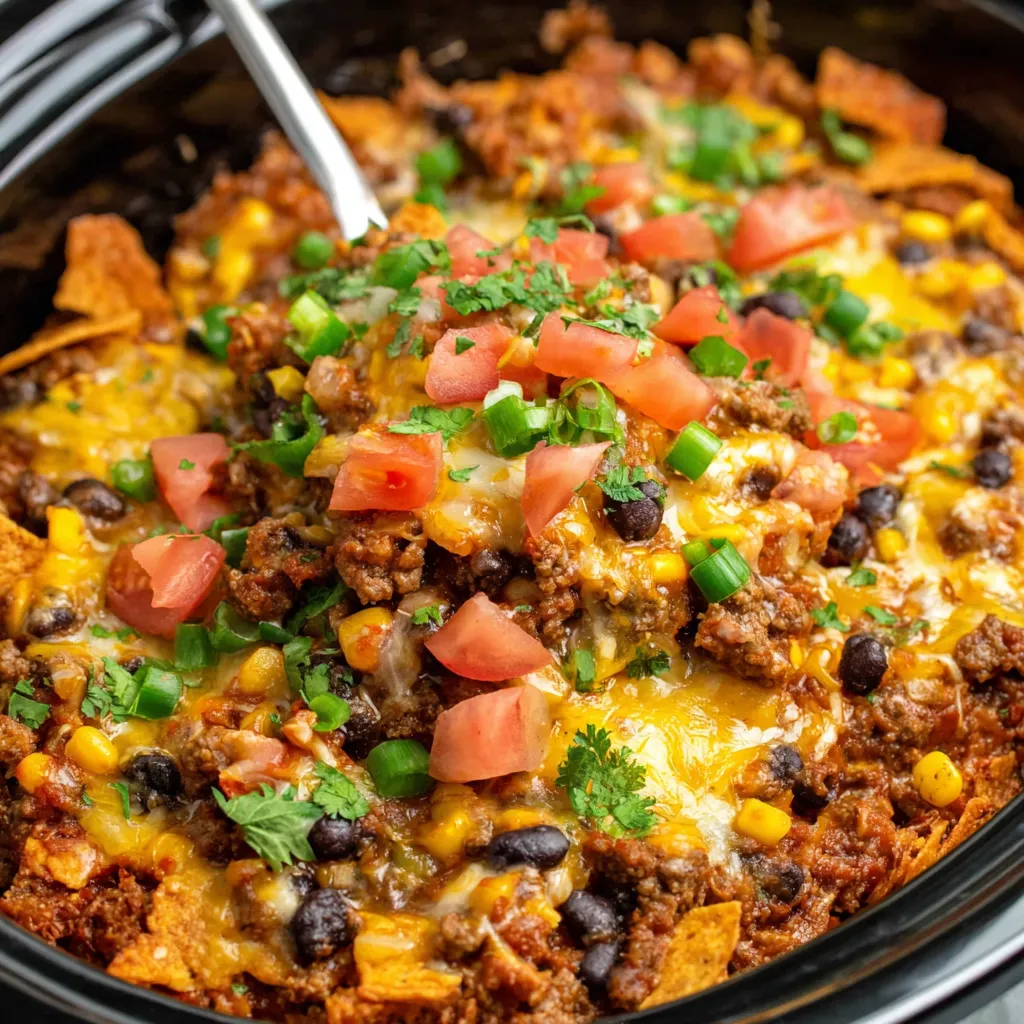 Crockpot taco casserole in dish. Easy slow cooker taco bake recipe.