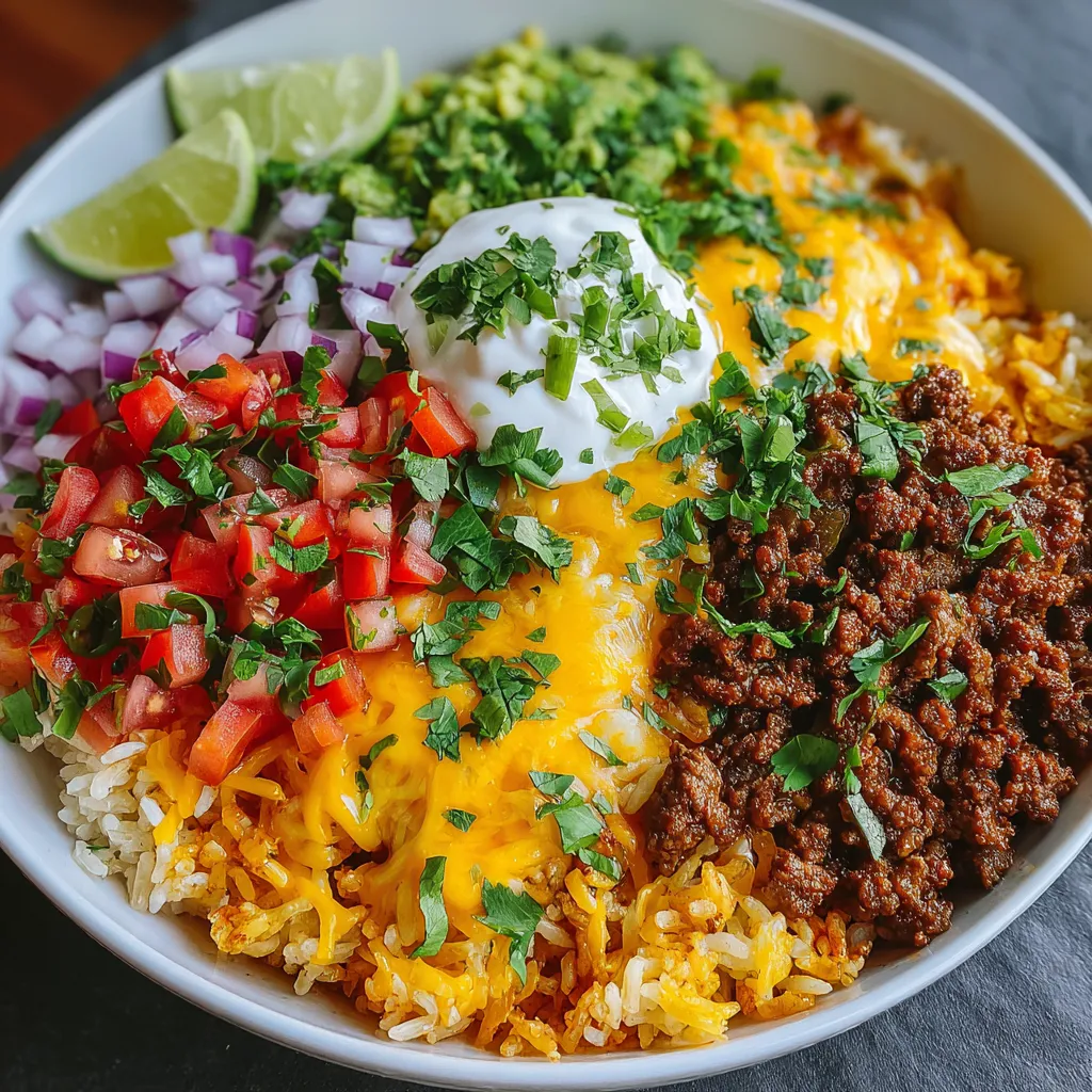 Taco rice bowl: seasoned ground beef, rice, toppings.