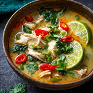Easy Thai Chicken Soup in a bowl, ready to eat.