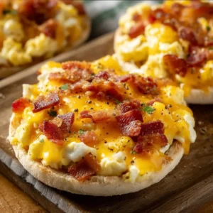 English muffin breakfast pizza with egg, cheese, and bacon.