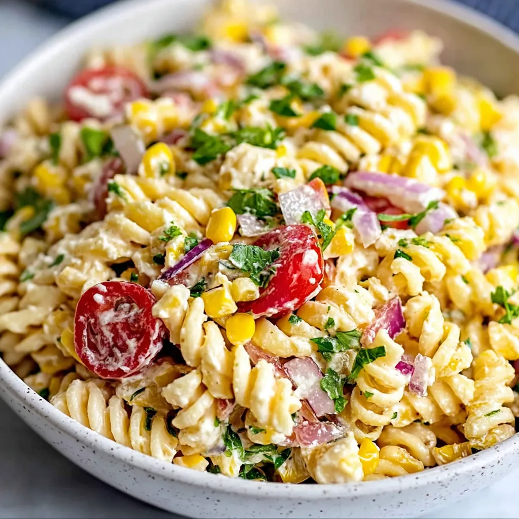 Street corn pasta salad: creamy, colorful bowl with corn, pasta, and cotija cheese.