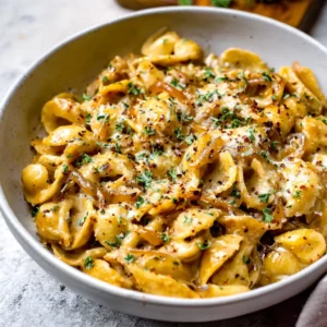 One pot French onion pasta. Easy creamy caramelized onion pasta dish.