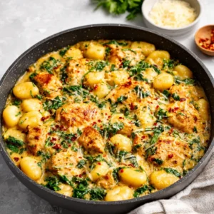 Garlic Chicken Gnocchi Skillet: Creamy pan-fried chicken and gnocchi.