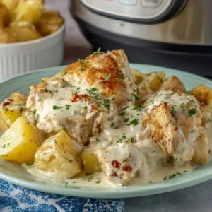 Garlic Parmesan Crockpot Chicken and Potatoes, ready to serve.