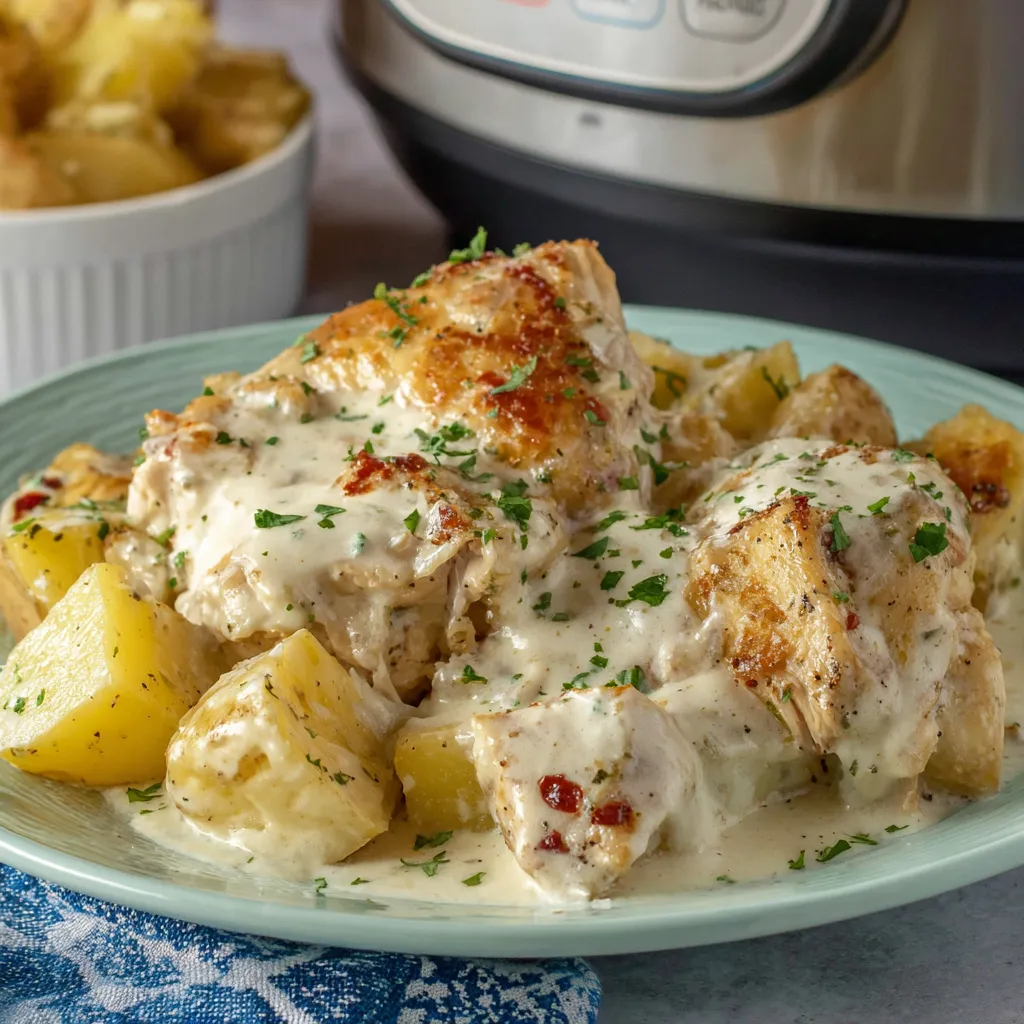 Garlic Parmesan Crockpot Chicken and Potatoes, ready to serve.