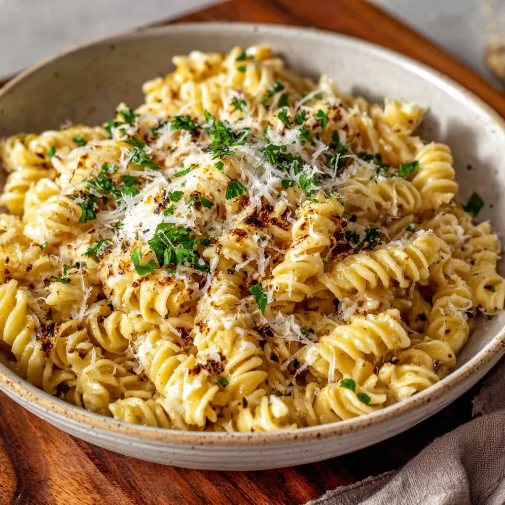 Garlic Parmesan Pasta close-up. Creamy, cheesy Italian pasta dish.
