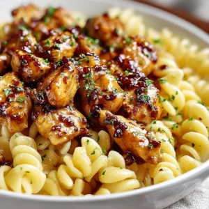Honey Pepper Chicken Pasta Recipe: Close-up of delicious, creamy pasta with chicken and peppers.