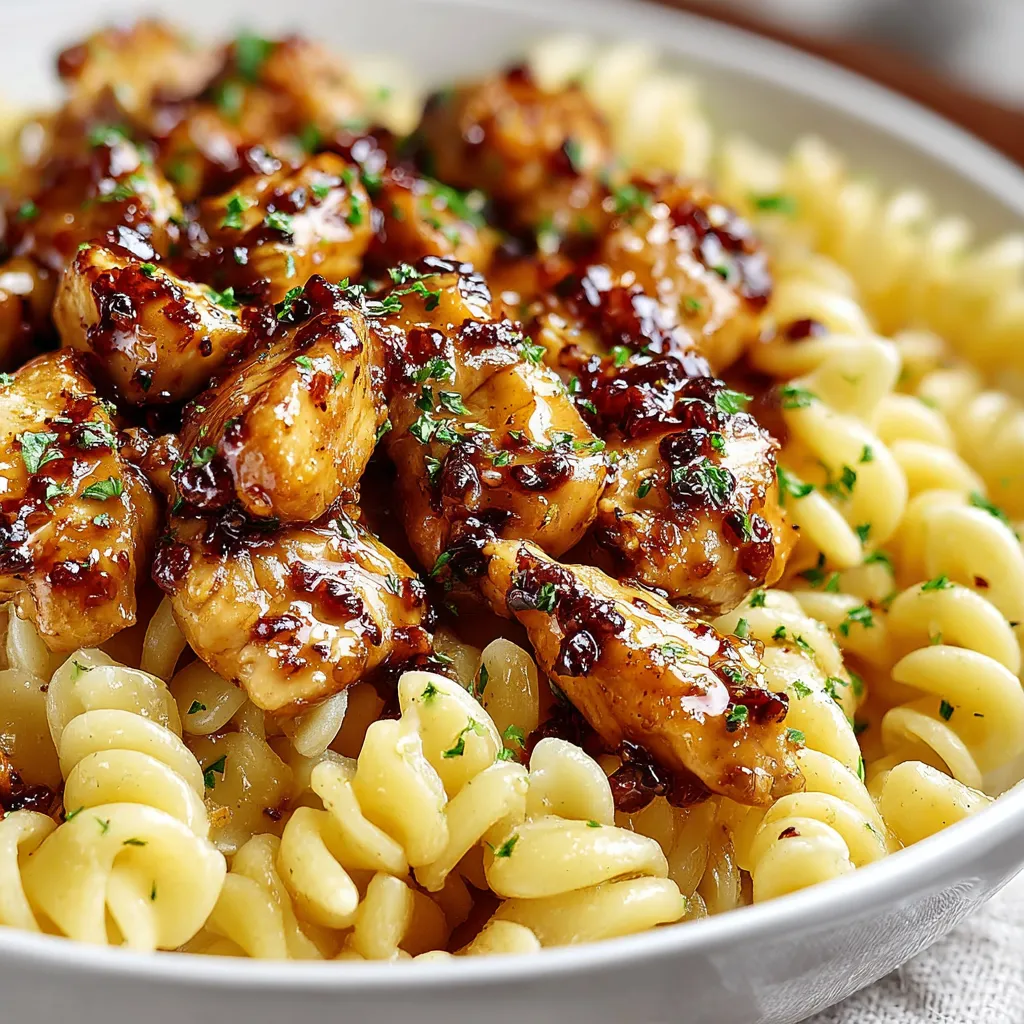 Honey Pepper Chicken Pasta Recipe: Close-up of delicious, creamy pasta with chicken and peppers.