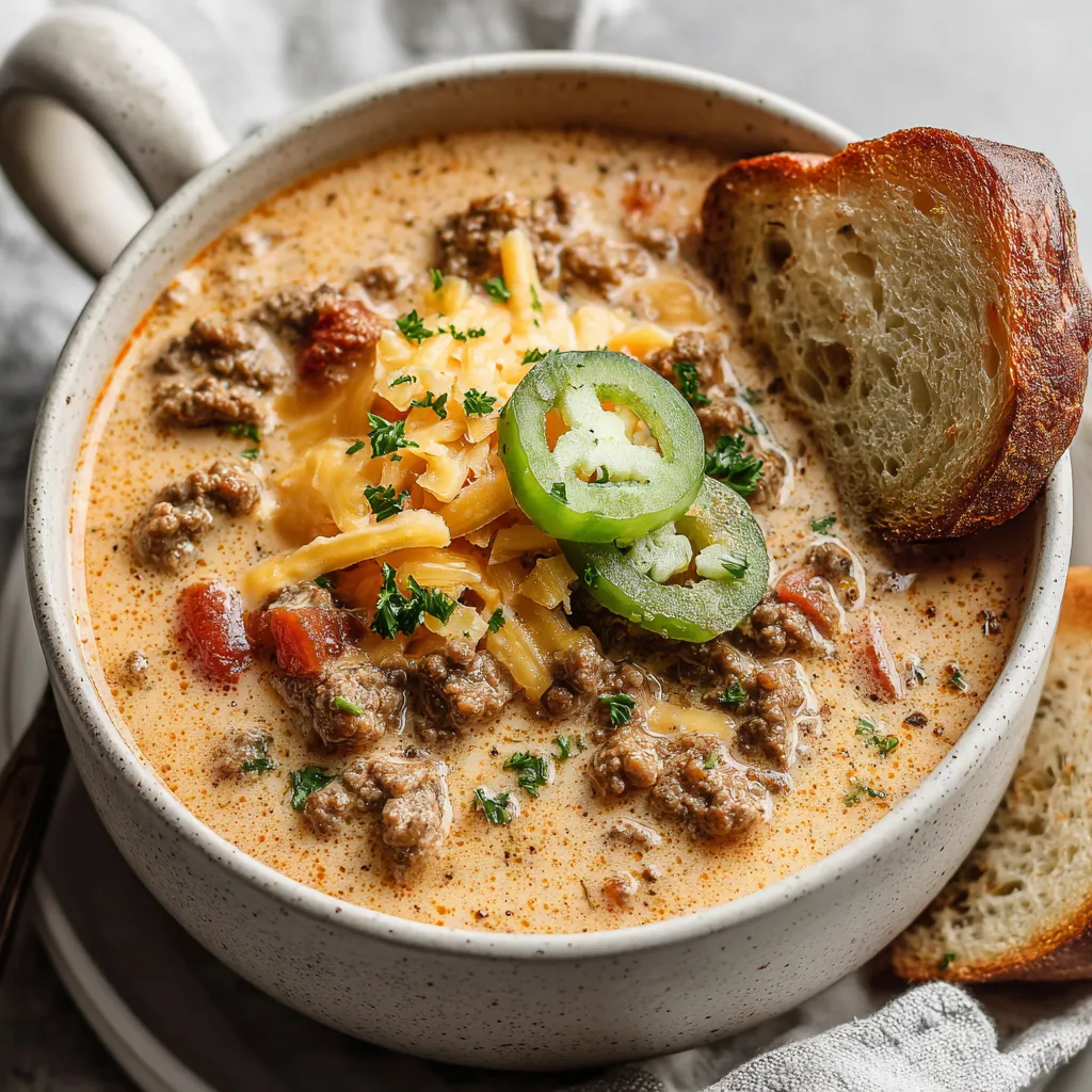 Keto Cheeseburger Soup in a bowl: Low-carb, cheesy, delicious!
