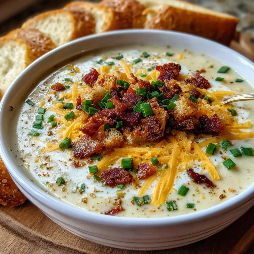 Creamy loaded baked potato soup in a white bowl.