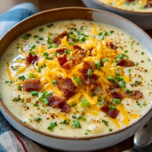 Creamy baked potato soup in a white bowl, topped with chives.