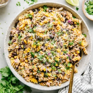 Street Corn Pasta Salad: pasta, grilled corn, cotija cheese, cilantro.