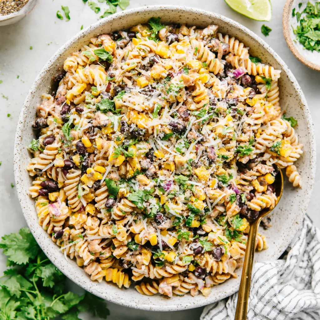 Street Corn Pasta Salad: pasta, grilled corn, cotija cheese, cilantro.