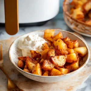 Air fryer apples in bowl. Easy, healthy dessert recipe.