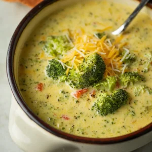 Creamy high protein broccoli cheddar soup in a bowl.