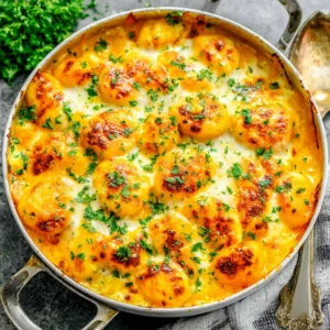 Close-up of creamy pumpkin gnocchi bake, ready to eat.