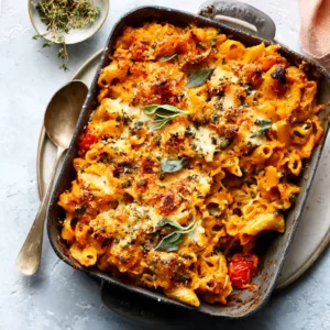Cheesy pumpkin-tomato pasta bake, ready to serve. Baked pasta dish.
