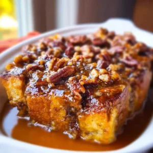 Pumpkin praline bread pudding: close-up of baked dessert, topped with pecans.