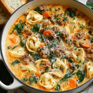 Creamy Sausage Tortellini Soup in a bowl. Easy comfort food recipe.