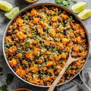 Southwest sweet potato skillet with black beans, rice, and colorful veggies.