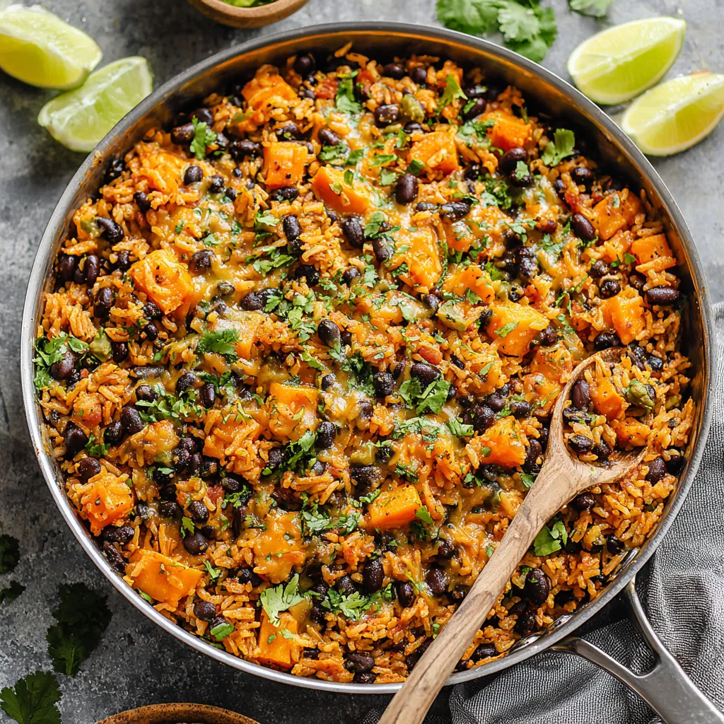 Southwest sweet potato skillet with black beans, rice, and colorful veggies.